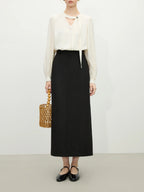 FSLE Women Black Long Skirts 2025 Spring High Waist Midi Simple Skirt Office Lady Back Spilt Design Temperament Skirt 25FS11267