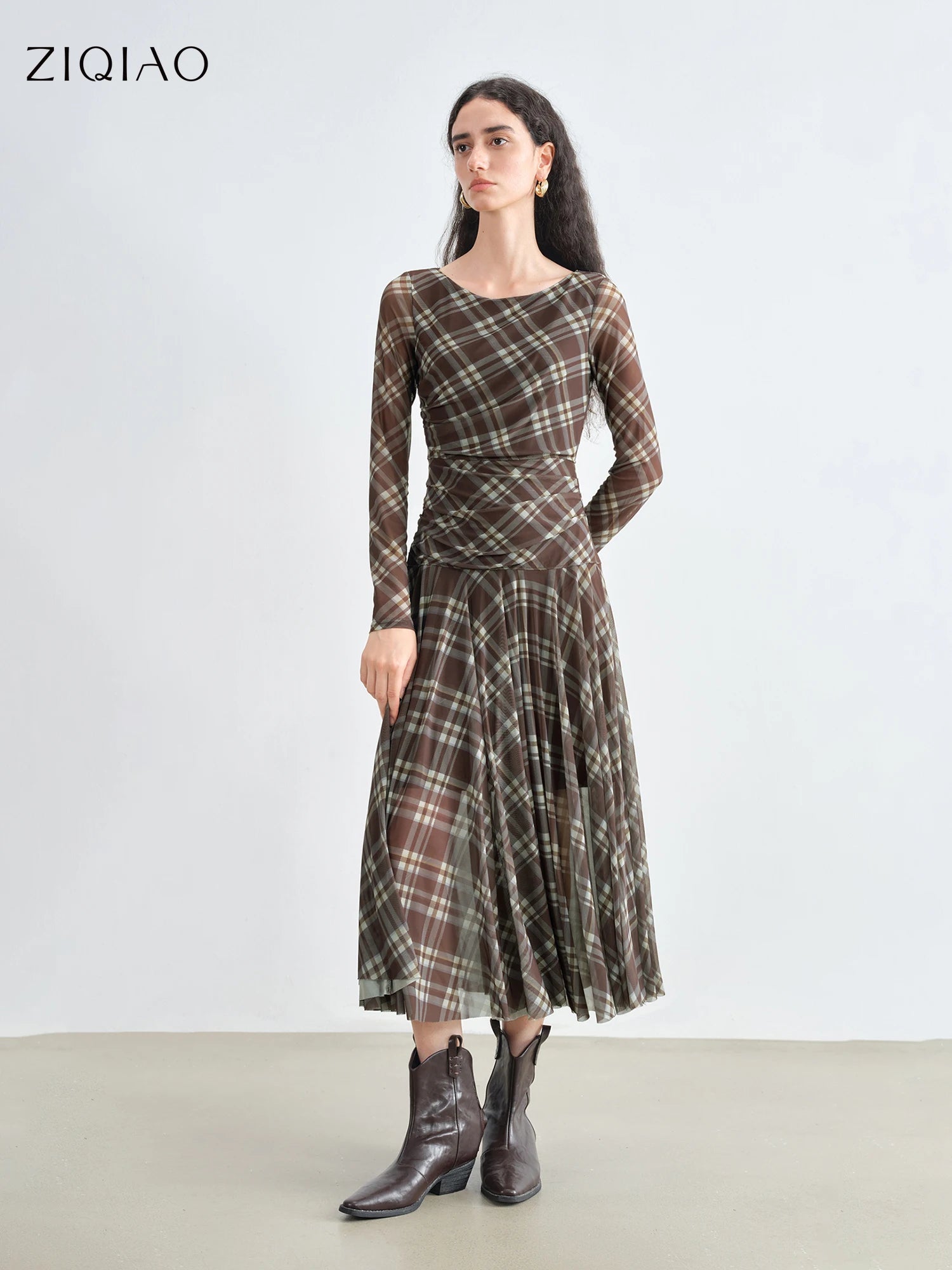 ZIQIAO Early Fall 2025 Women's Textured Plaid Maxi Dress - Long Sleeve Vintage Inspired Cinched Waist Flowy Elegant Daily Wear