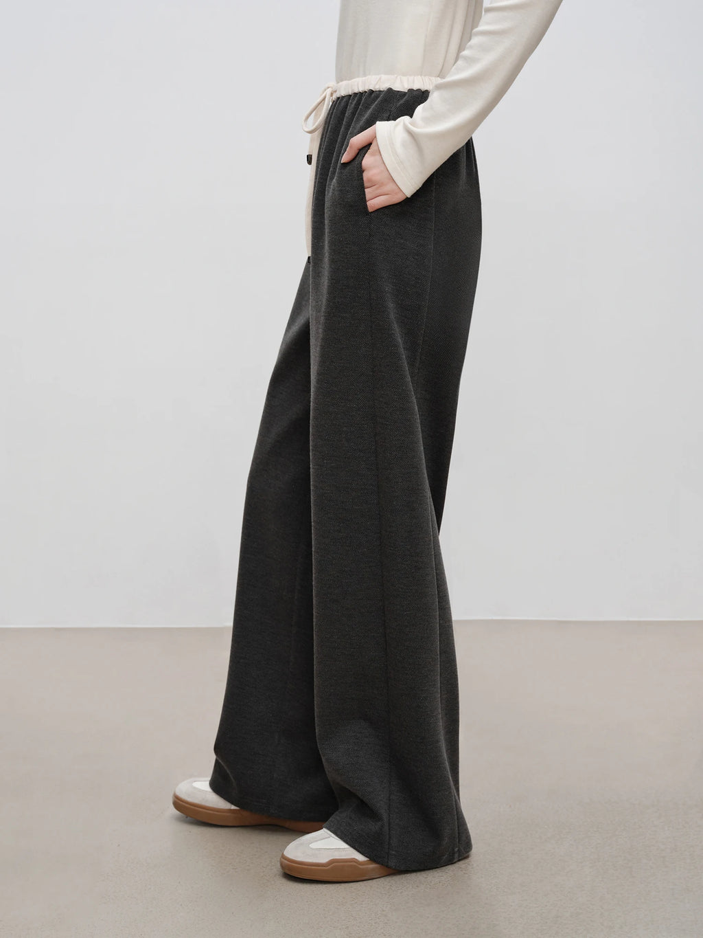 ZIQIAO 4.6% Wool 76.5% Cotton Straight Chic Long Pants for Women 2024 Winter New Design High Waist Warm Grey Pants 24ZQ94388