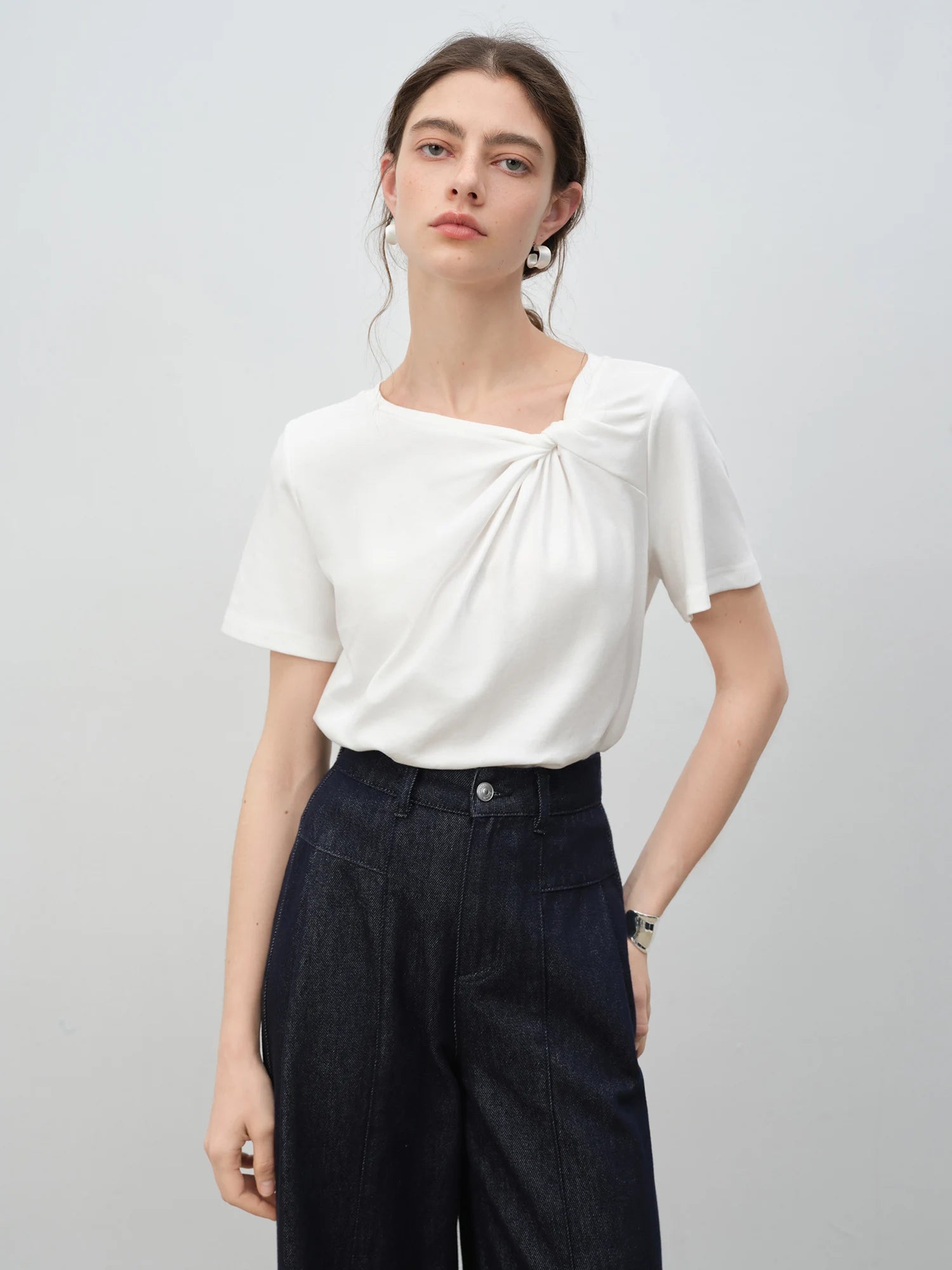 ZIQIAO Asymmetrical Knot Design - Petite Women's Short Sleeve T-Shirt - 2025 New Arrival Summer Slimming Versatile Top 25ZQ92102