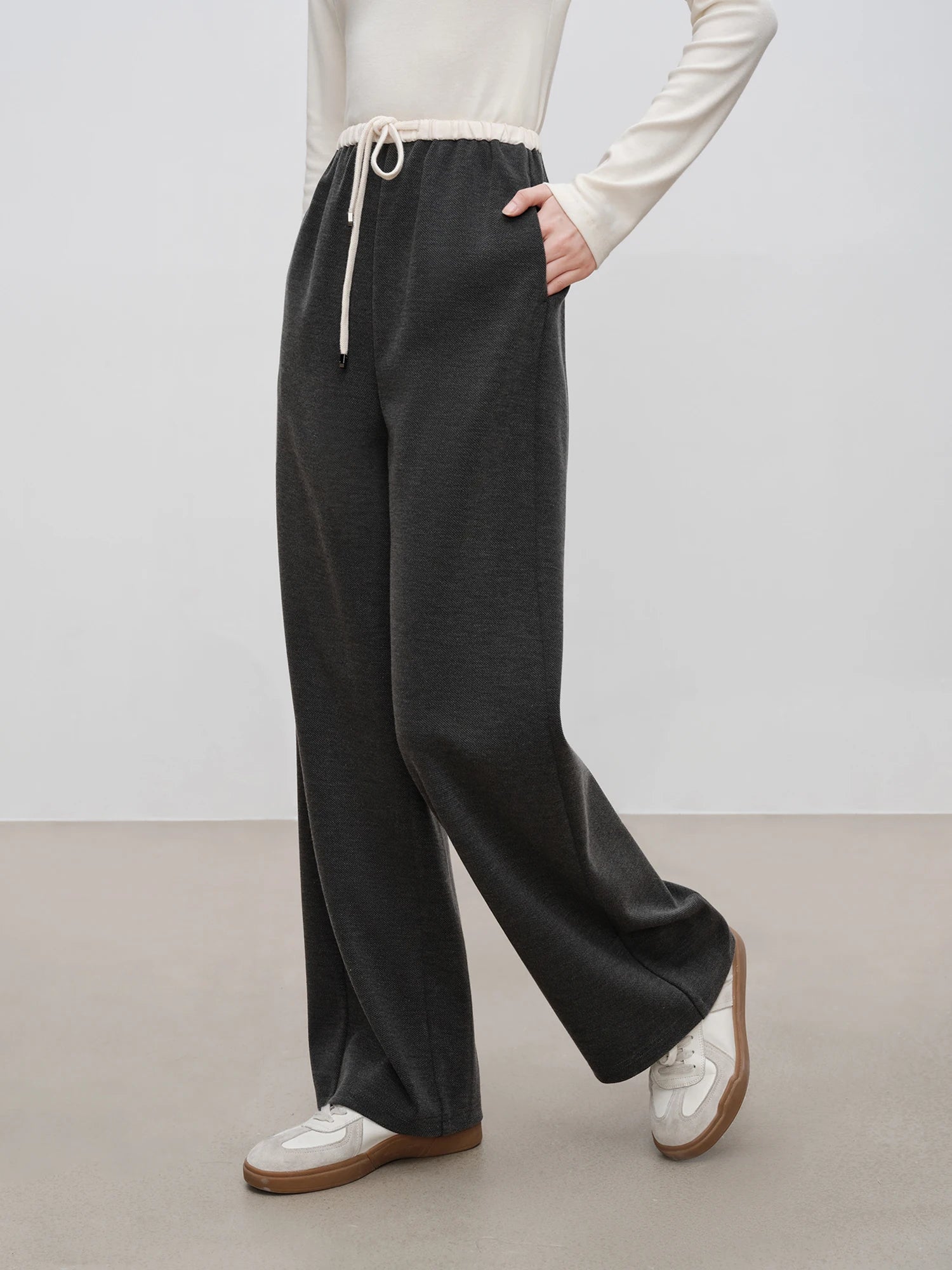 ZIQIAO 4.6% Wool 76.5% Cotton Straight Chic Long Pants for Women 2024 Winter New Design High Waist Warm Grey Pants 24ZQ94388