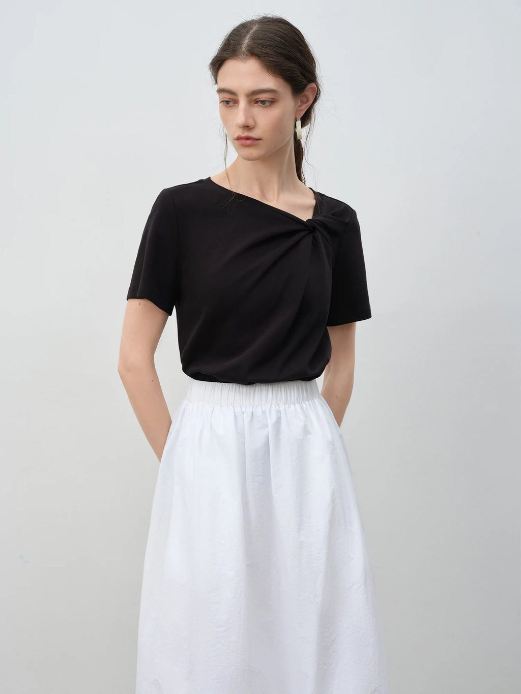 ZIQIAO Asymmetrical Knot Design - Petite Women's Short Sleeve T-Shirt - 2025 New Arrival Summer Slimming Versatile Top 25ZQ92102