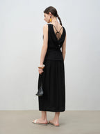 ZIQIAO 2025 Summer Petite Women Asian-Inspired Sleeveless Set - Flowy Blouson Skirt Tank Top Casual Outfit for Special Occasions