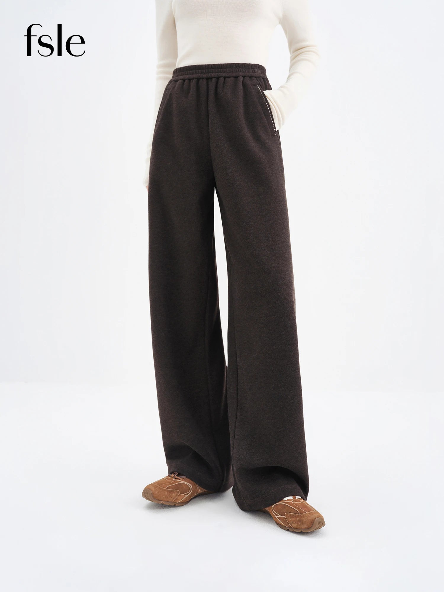 FSLE 2025 Winter Women's High Waist Wide Leg Pants for Office - Comfort Fit Straight Trousers Elastic Waist for Daily Casual