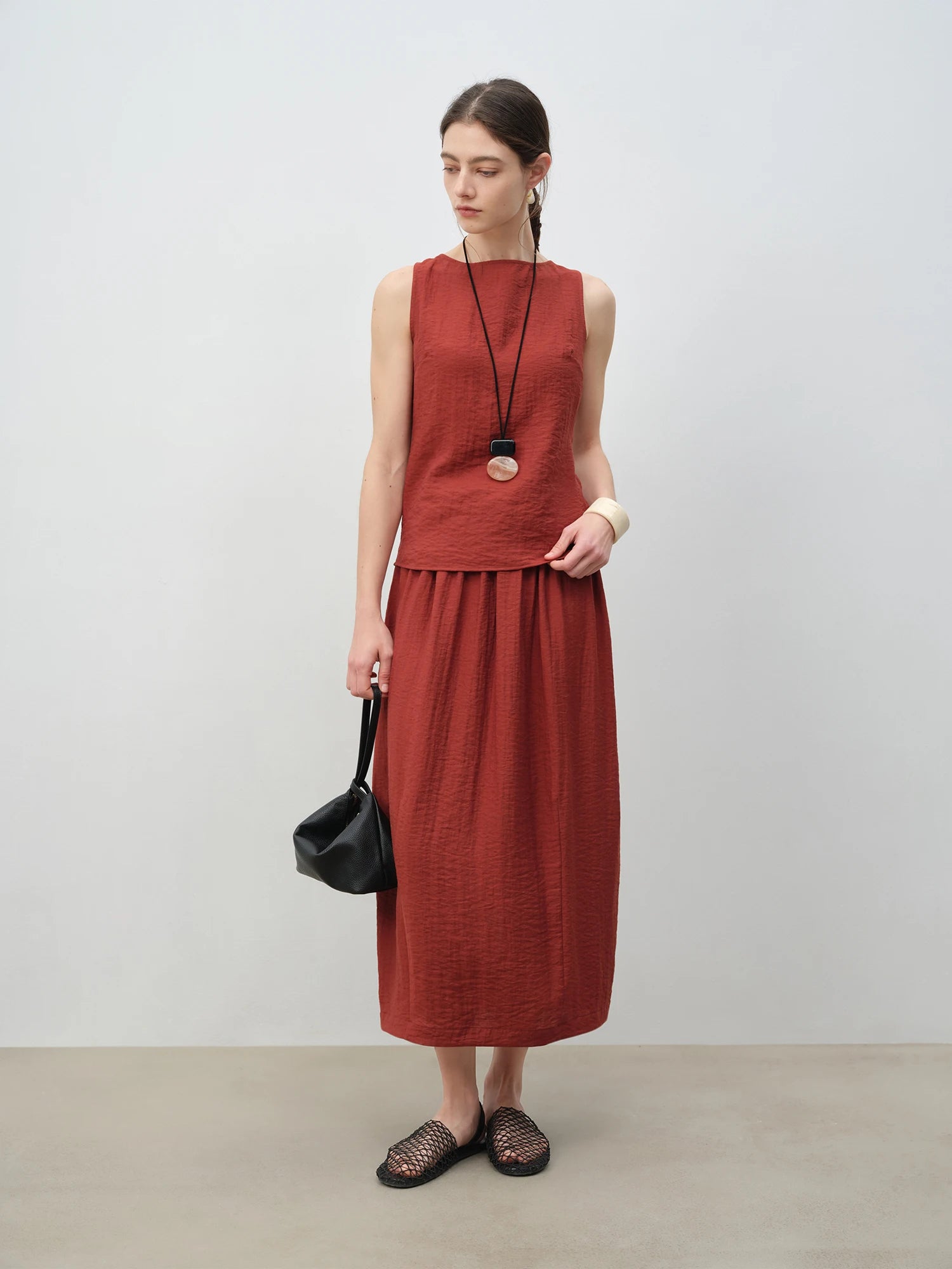 ZIQIAO 2025 Summer Petite Women Asian-Inspired Sleeveless Set - Flowy Blouson Skirt Tank Top Casual Outfit for Special Occasions