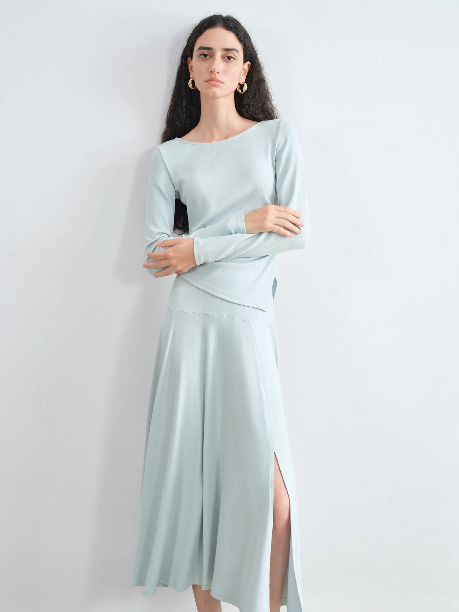 ZIQIAO Autumn 2025 Long Sleeve Set - Blue Soft Tone Matching Top & Skirt Long Length Women Casual Outfit