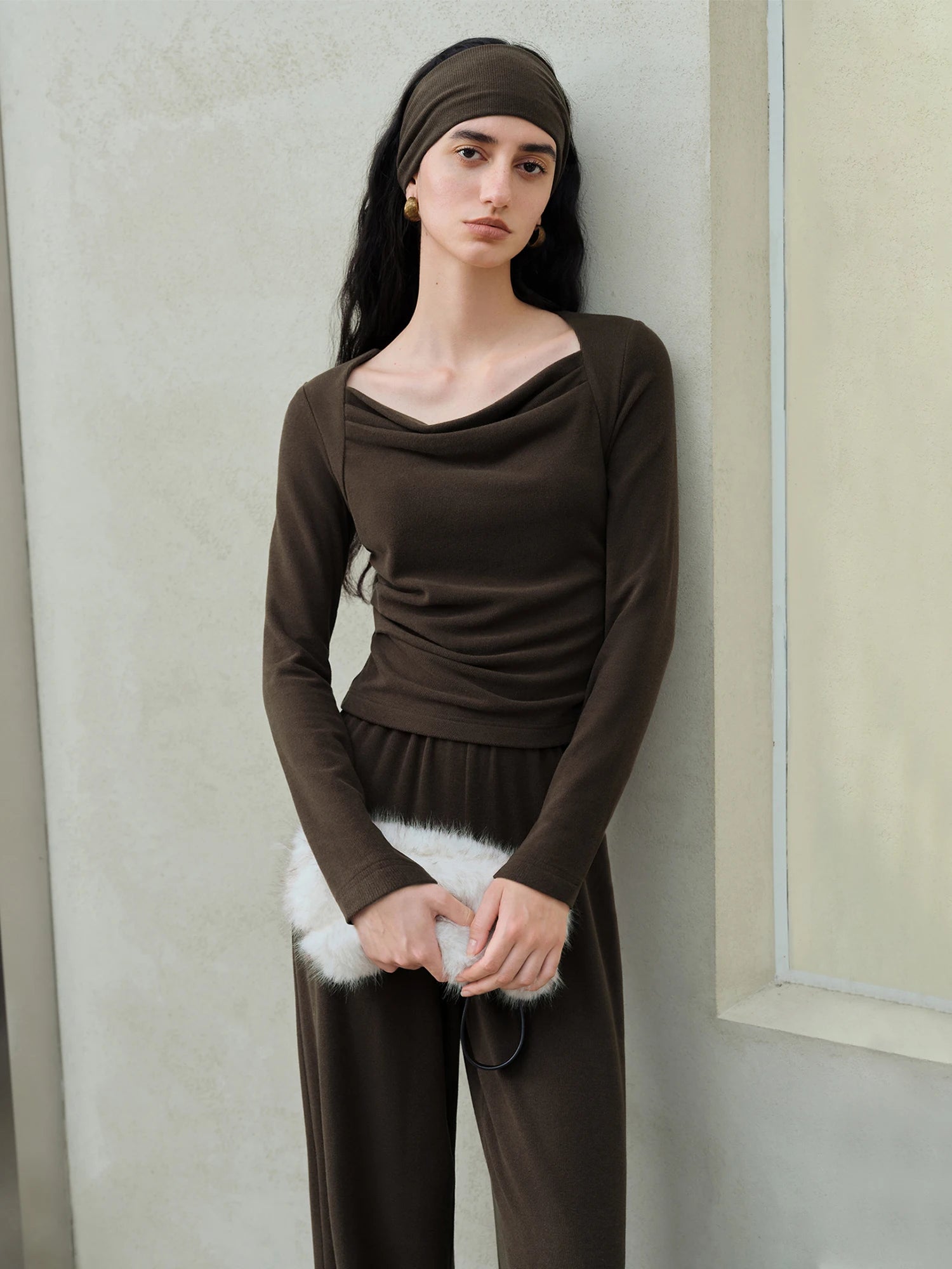 ZIQIAO 2025 Women's Knit Coordinate Set - Drop Collar Knit Top & Straight Leg Pants Office Casual Two Piece Set Elegance