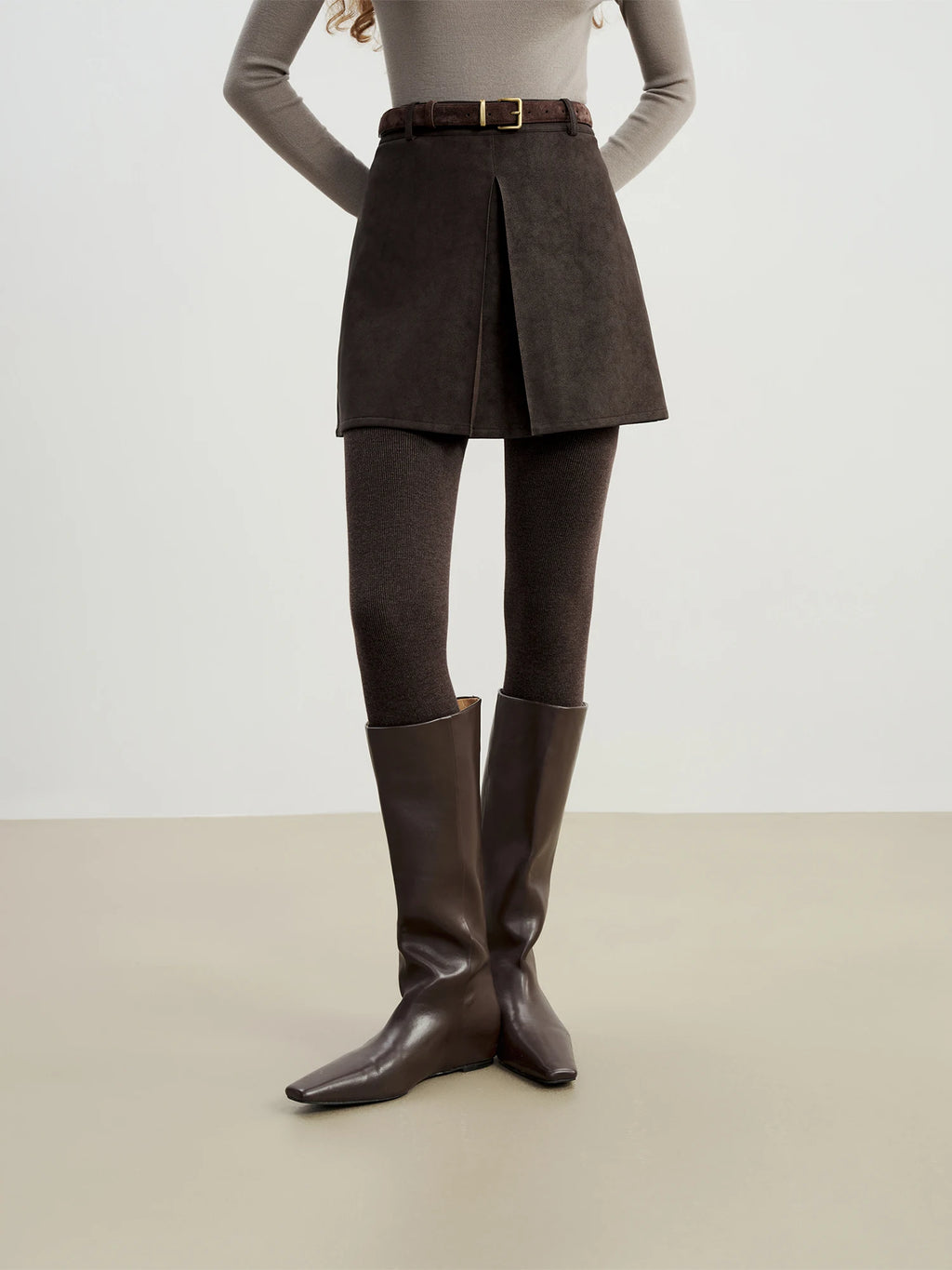 ZIQIAO 2025 Autumn Winter Women Retro Brown PU Leather Box Pleated Skirt - High Waist Midi Length A-Line Skirt for Casual