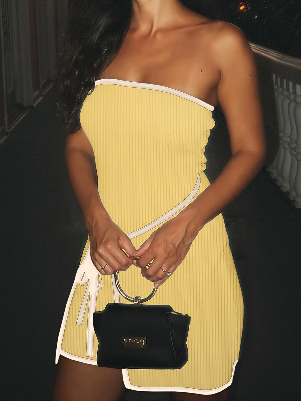 Women's Spring Summer Elegant Contrast Trim Strapless Lace-Up Bodycon Dress - Slim Fit Short Sleeveless Midi Dress with Tiered Hem & Adjustable Waist Tie, Machine Washable, Casual Summer Dresses, Evening Wear, Medium Elasticity