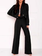YY0227014 Spring/Autumn Women's Solid Color Casual Elegant Suit with Turn- Collar Long Sleeve Regular Fit Blouse and Pants Set, 2pcs Outfit for Commuting and Office