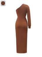 Women'S Elegant Asymmetrical One-Shoulder Long Evening Gown with High Slit & Waist Belt - Sexy Formal Party Dress in Solid Brown/Navy/Red/, All-season Bodycon Fit For Weddings, Galas, Proms - Machine Washable Formal Attire, Wedding Guest Outfit