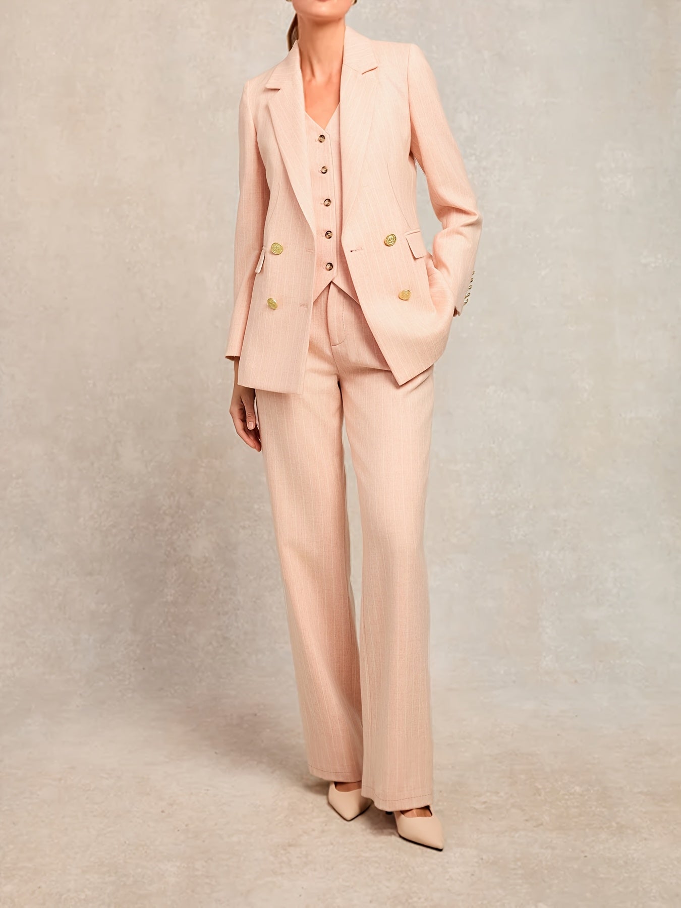 Autumn and Winter Women's Casual Elegant Striped Print V-Neck Sleeveless Vest, Suit Lapel Long-Sleeve Regular Fit Jacket and Pants Set, 3pcs Outfit for Office Commute, Business Trips, and Formal Occasions