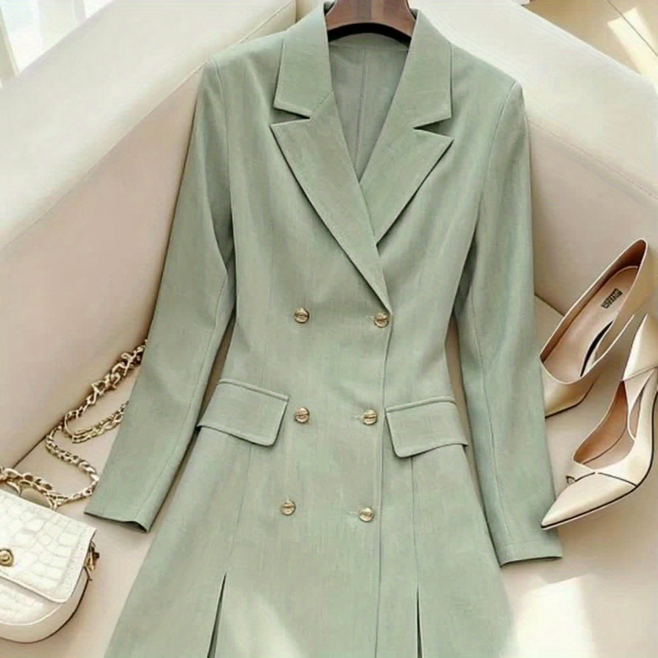 Elegant Double Breasted Midi Dress for Women - Solid Color Long Sleeve Dress with Vent Hem, Office to Casual Fall Winter Dress with Slim Fit