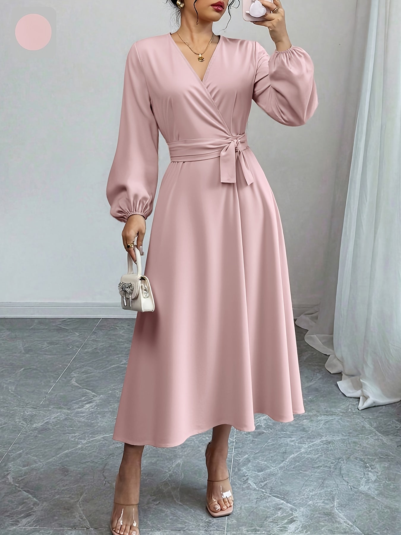 Women'S Elegant Office to Party Dress - Long Sleeve V-Neck Wrap, Formal & Casual Chic Outfits - Fall Winter Workplace to Evening Events - Women'S Professional Attire, Office Dress, Workwear Elegance, Flowy Fabric Gown, Women Dress, Wedding Guest Women Dress