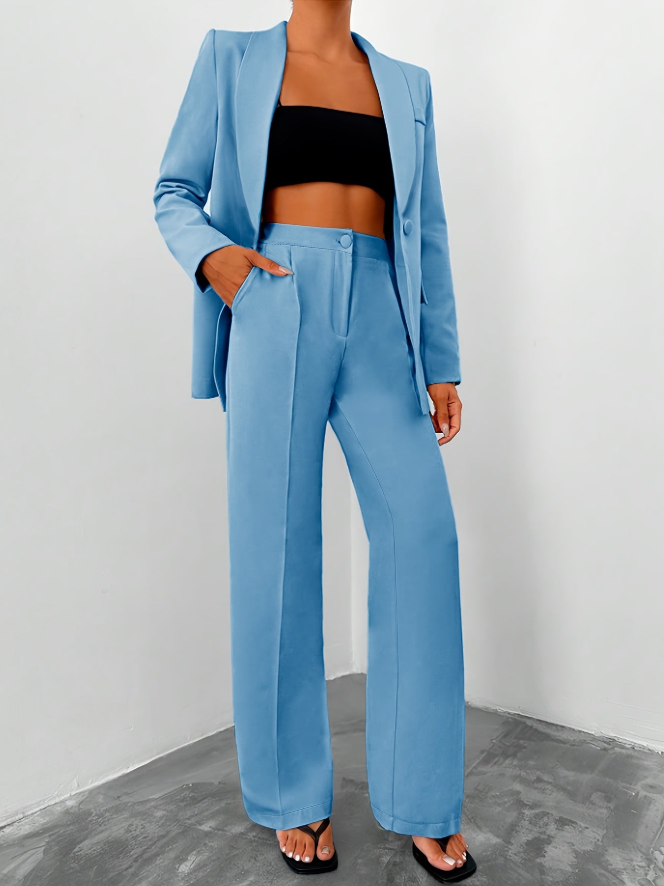 Women'S Elegant Light Blue Lapel Collar Long Sleeve Blazer & Pants Set - 2pcs, Non-Stretch Fabric, Regular Fit, Perfect for Office & Casual Outings, Office Attire|Elegant Lapel Collar|Nonstretch Fabric