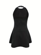 Women's Black Halter Neck Sleeveless Fit & Flare Mini Dress - Slim Waist Elegant Dress for Party Date & Daily Streetwear