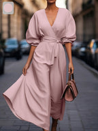 Women'S Elegant Office to Party Dress - Long Sleeve V-Neck Wrap, Formal & Casual Chic Outfits - Fall Winter Workplace to Evening Events - Women'S Professional Attire, Office Dress, Workwear Elegance, Flowy Fabric Gown, Women Dress, Wedding Guest Women Dress