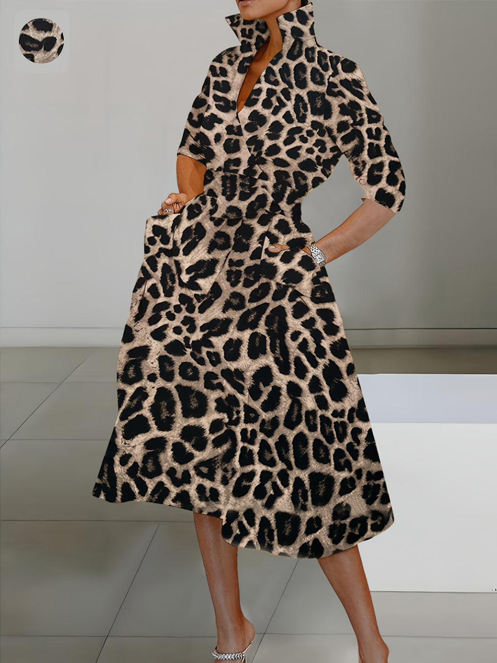 Elegant leopard print long-sleeve dress for women with pockets, featuring a cross V-neck and high collar, perfect for autumn and winter.