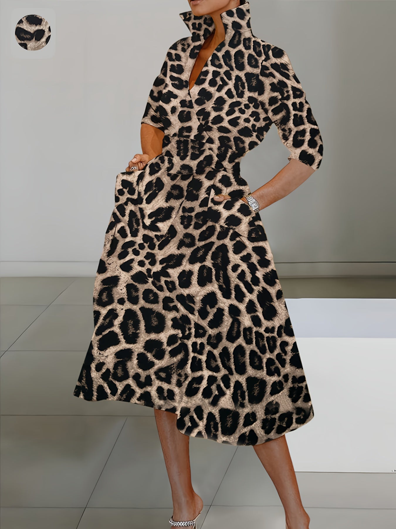 Elegant leopard print long-sleeve dress for women with pockets, featuring a cross V-neck and high collar, perfect for autumn and winter.
