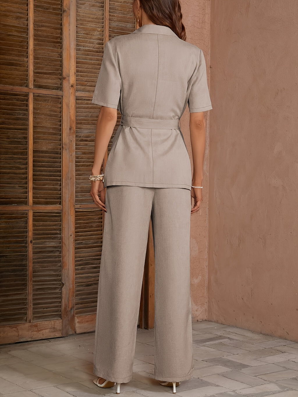 2pcs Set Women's Casual Blazer & Pants - Solid Color, Lapel Collar, Short Sleeve, Smooth Polyester Fabric - Spring/Summer Outfits | Belted Blazer | Loose-Fit Pants