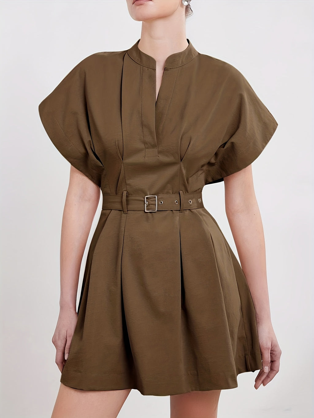 Women'S Elegant V-Neck A-Line Dress with Adjustable Waist Belt - Short Sleeve, X-Line Silhouette, Button Front Closure, Lightweight Summer Dress for Casual & Formal, Casual Summer Dress | Vneck Dress | Belted Waist Dress