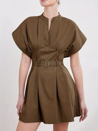 Women'S Elegant V-Neck A-Line Dress with Adjustable Waist Belt - Short Sleeve, X-Line Silhouette, Button Front Closure, Lightweight Summer Dress for Casual & Formal, Casual Summer Dress | Vneck Dress | Belted Waist Dress