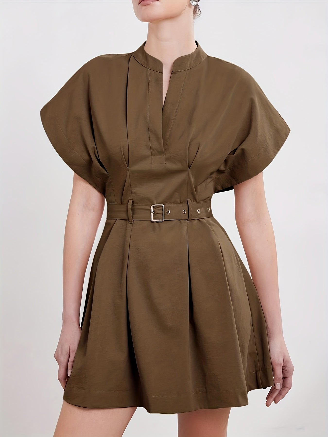 Women'S Elegant V-Neck A-Line Dress with Adjustable Waist Belt - Short Sleeve, X-Line Silhouette, Button Front Closure, Lightweight Summer Dress for Casual & Formal, Casual Summer Dress | Vneck Dress | Belted Waist Dress