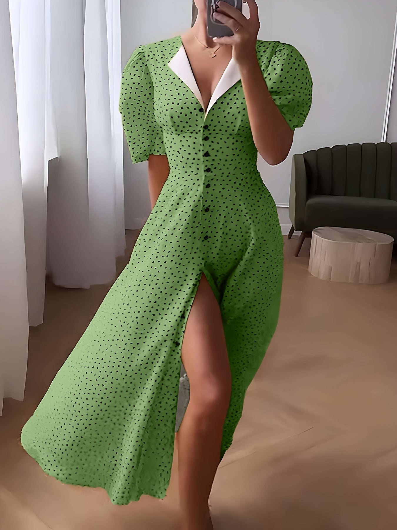 French Chic Polka Dot Midi Dress for Women - Elegant Puff Sleeve V-Neck Partial Button Tiered Dress, Fall Winter Swing Dress with Belt