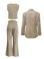Women'S Elegant Beige Three-Piece Suit - Slim Fit, Long Sleeve Blazer with Single-Breasted Vest, Pants, and Handbag - Perfect for Office and Casual Wear, Office Attire|Sleek Formal Attire|Single Breasted Jacke