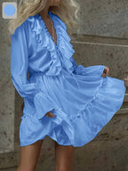 Elegant Ruffle Trim Midi Dress for Women - Tiered Hem Long Sleeve Solid Color Dress, Chic Fall Winter Office to Evening Dress