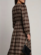 Elegant V-Neck Plaid Long Dress with Button Design | Merlot Color, Waist-Cinched, Split Hem, Suitable for Daily Outings, Photo Sessions, Travel, and Office Casual Wear
