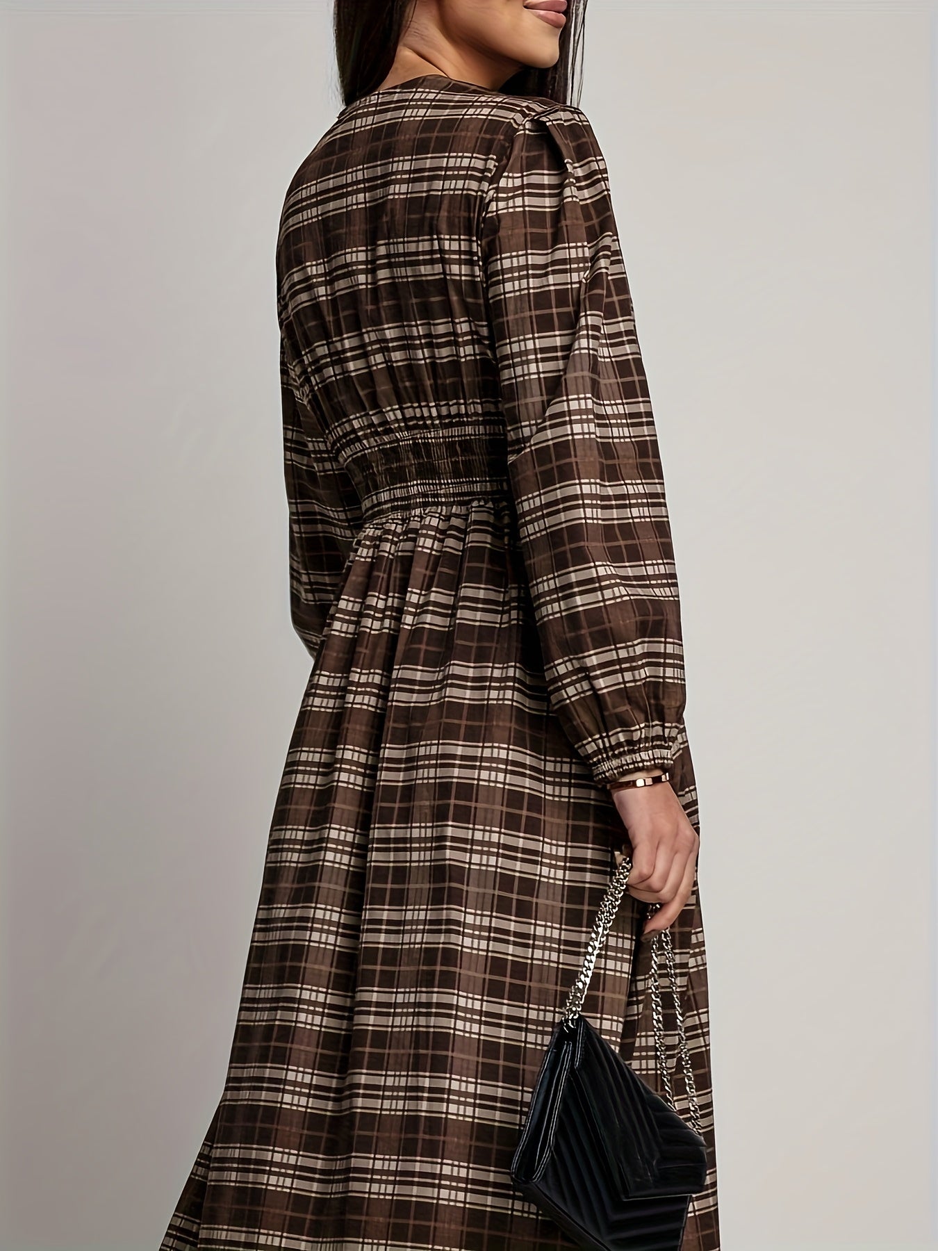 Elegant V-Neck Plaid Long Dress with Button Design | Merlot Color, Waist-Cinched, Split Hem, Suitable for Daily Outings, Photo Sessions, Travel, and Office Casual Wear