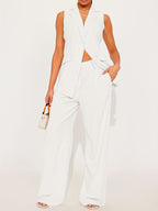 Spring and Summer Women's Casual Elegant Solid Color Lapel Sleeveless Shirt and Pants Set, 2pcs Outfit for Shopping, Travel, or Office Commute