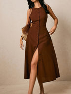 Women's Elegant Sleeveless A-Line Maxi Dress with Round Neck & Waist-Cinching Button Closure - Slim-Fit -Length Brown Dress for, Wedding Guest, Formal Events - Machine Washable Tailored Long Dress
