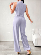 Women'S Casual Elegant Solid Color Two-Piece Suit - Sleeveless Blouse with Double-Breasted Placket & Wide-Leg Pants, Perfect for Office, Commute, and Social Gatherings, Office Attire|Sleek Fit|Double Breasted Blouse