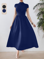 Elegant Black Maxi Dress for Women - Slim Fit, Short Sleeve, Stand Collar, Solid Color with Contrast Detailing, Flared Hem, Perfect for Spring/Summer, Chic and Stylish, Elegant Event Wear | Chic Style Dress | Polyester Fabric