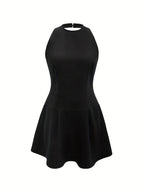 Women's Black Halter Neck Sleeveless Fit & Flare Mini Dress - Slim Waist Elegant Dress for Party Date & Daily Streetwear