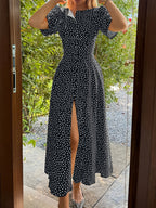 French Chic Polka Dot Midi Dress for Women - Elegant Puff Sleeve V-Neck Partial Button Tiered Dress, Fall Winter Swing Dress with Belt