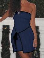 Women's Spring Summer Elegant Contrast Trim Strapless Lace-Up Bodycon Dress - Slim Fit Short Sleeveless Midi Dress with Tiered Hem & Adjustable Waist Tie, Machine Washable, Casual Summer Dresses, Evening Wear, Medium Elasticity