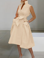 Women's Sleeveless A-Line Dress - Mustard Yellow Lapel Collar with Adjustable Waist Bow Tie & Pockets, Knee-Length Flared Hem, Loose Fit Machine-Washable Spring/Summer Casual to Semi-Formal Dress, Spring Outdoor Attire