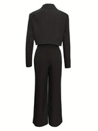 YY0227014 Spring/Autumn Women's Solid Color Casual Elegant Suit with Turn- Collar Long Sleeve Regular Fit Blouse and Pants Set, 2pcs Outfit for Commuting and Office