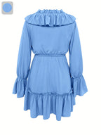 Elegant Ruffle Trim Midi Dress for Women - Tiered Hem Long Sleeve Solid Color Dress, Chic Fall Winter Office to Evening Dress