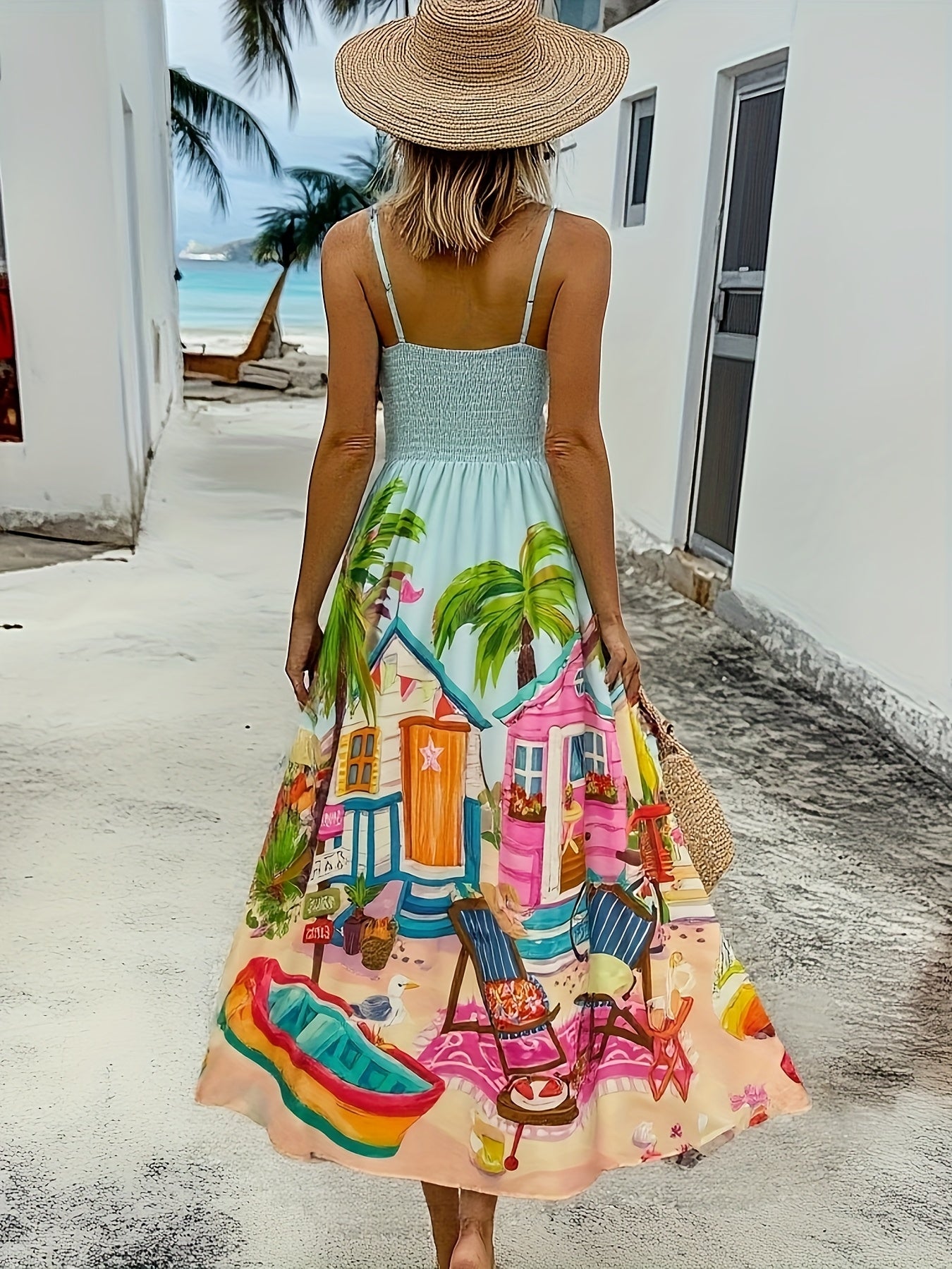 Women'S Vibrant Cartoon Print Maxi Dress - Sleeveless, Light Blue with Beach House & Palm Tree Design, Perfect for Spring/Summer Beach & Pool Parties, Beach Party Dress | Playful Print | Glossy Finish