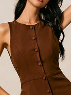 Women's Elegant Sleeveless A-Line Maxi Dress with Round Neck & Waist-Cinching Button Closure - Slim-Fit -Length Brown Dress for, Wedding Guest, Formal Events - Machine Washable Tailored Long Dress