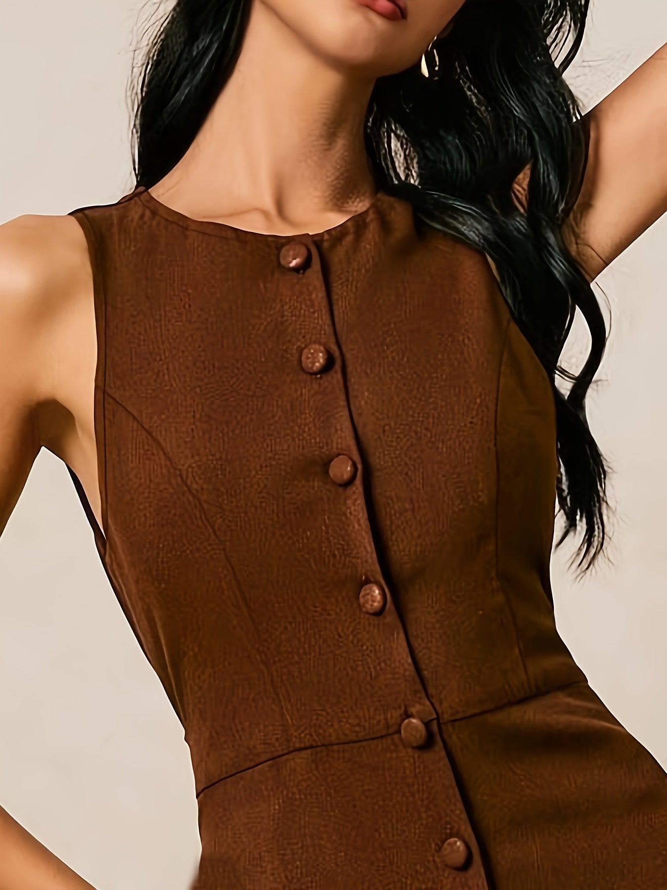 Women's Elegant Sleeveless A-Line Maxi Dress with Round Neck & Waist-Cinching Button Closure - Slim-Fit -Length Brown Dress for, Wedding Guest, Formal Events - Machine Washable Tailored Long Dress