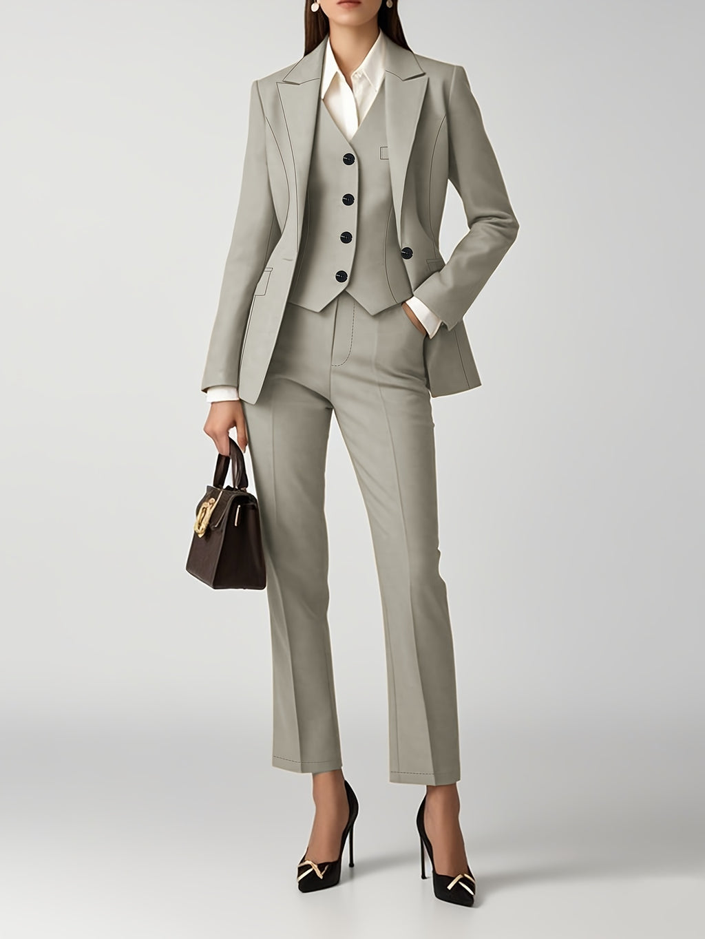 Women'S Elegant Beige Three-Piece Suit - Slim Fit, Long Sleeve Blazer with Single-Breasted Vest, Pants, and Handbag - Perfect for Office and Casual Wear, Office Attire|Sleek Formal Attire|Single Breasted Jacke