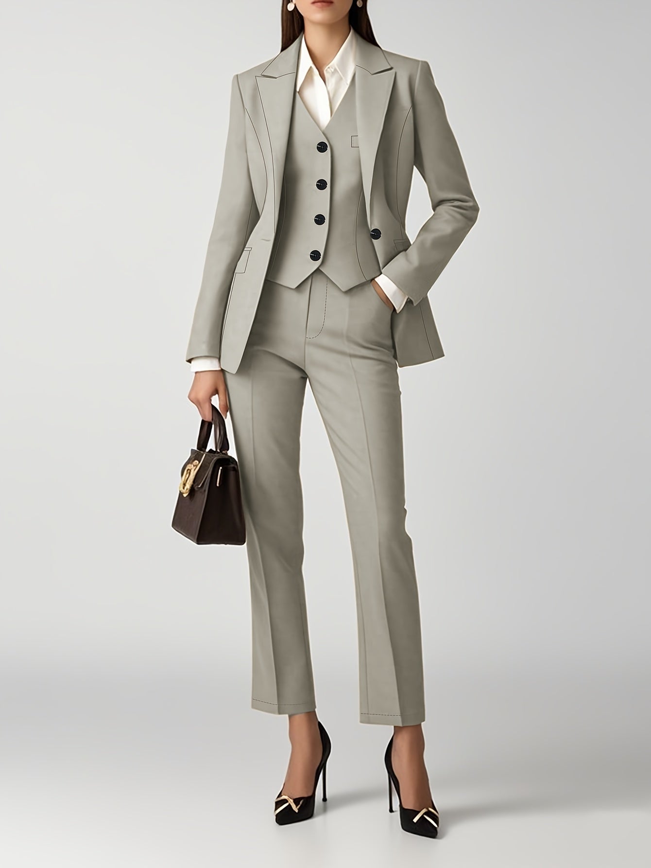 Women'S Elegant Beige Three-Piece Suit - Slim Fit, Long Sleeve Blazer with Single-Breasted Vest, Pants, and Handbag - Perfect for Office and Casual Wear, Office Attire|Sleek Formal Attire|Single Breasted Jacke