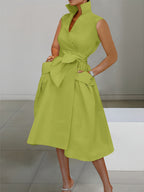 Women's Sleeveless A-Line Dress - Mustard Yellow Lapel Collar with Adjustable Waist Bow Tie & Pockets, Knee-Length Flared Hem, Loose Fit Machine-Washable Spring/Summer Casual to Semi-Formal Dress, Spring Outdoor Attire