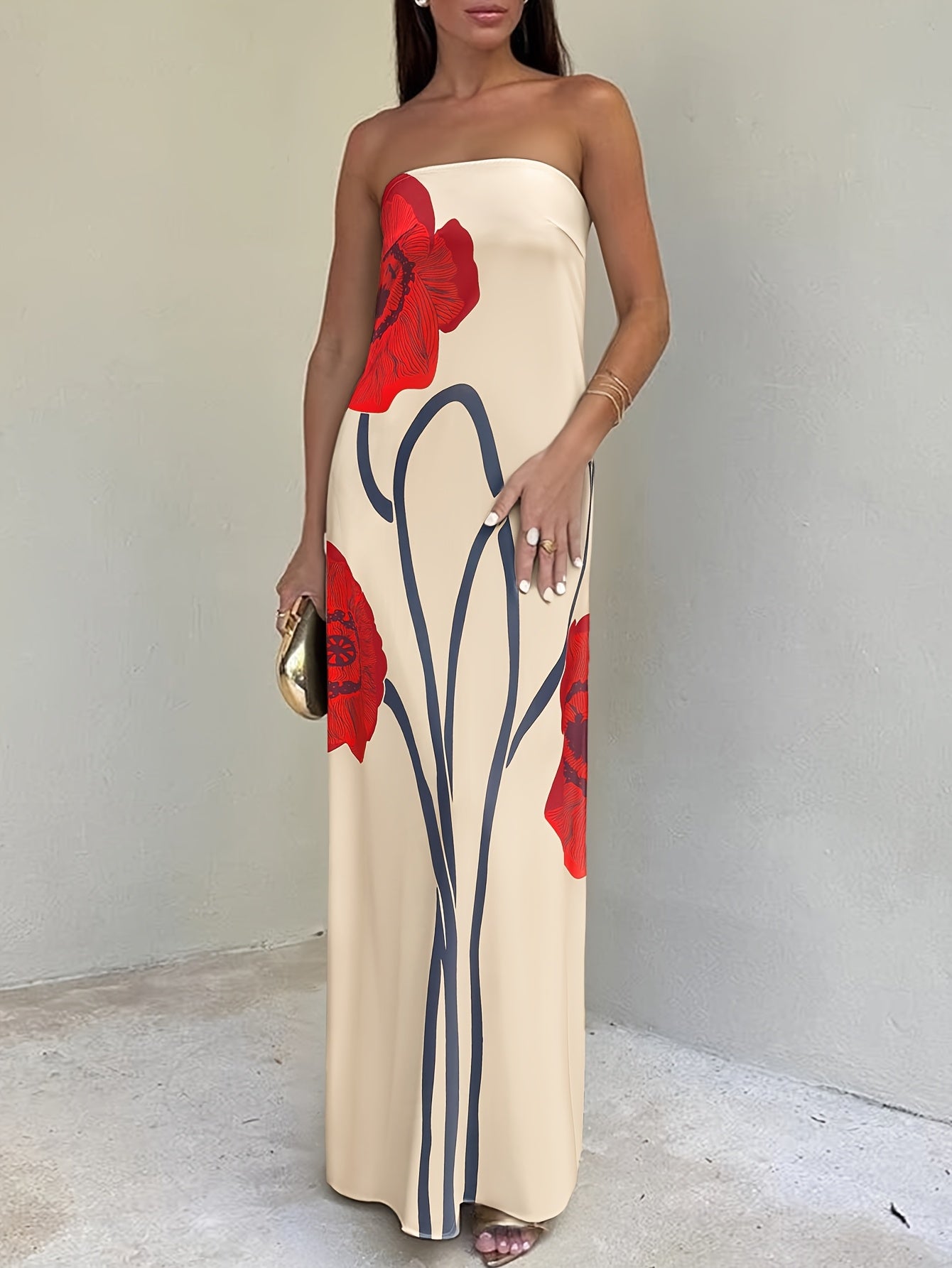 Women's Elegant Strapless Floral Print Long Dress - Lightweight Breathable Fabric, Loose Fit H-Silhouette with Red Flowers & Green Leaves on Beige, Machine Washable for Spring Summer Daily Wear & Holiday Travel, Floral Print Dress, Vacation Outfit, Shoulderbaring Design, Flowy Texture, Fashion Lovers, Comfortable Material, Casual Chic