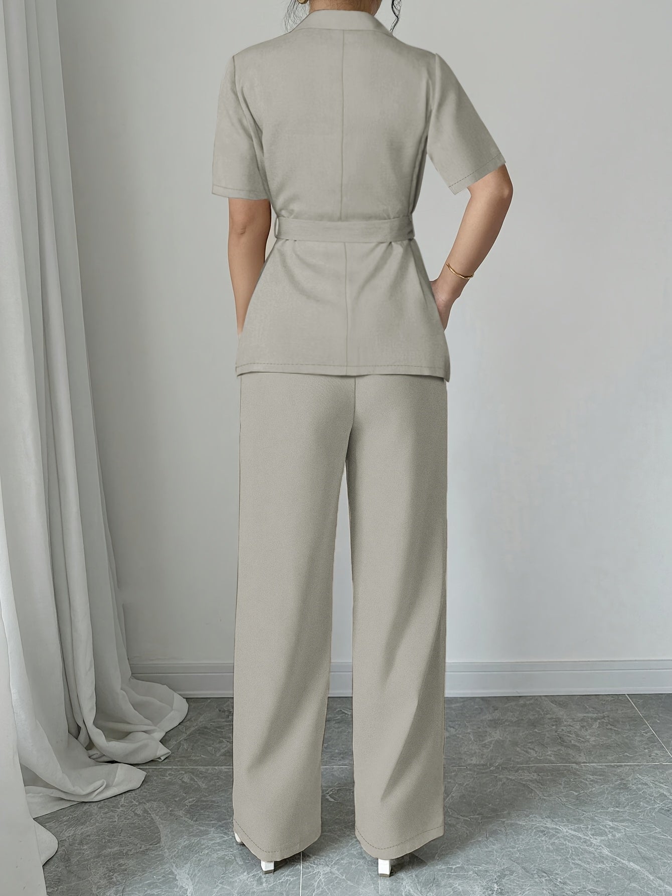 2pcs Set Women's Casual Blazer & Pants - Solid Color, Lapel Collar, Short Sleeve, Smooth Polyester Fabric - Spring/Summer Outfits | Belted Blazer | Loose-Fit Pants